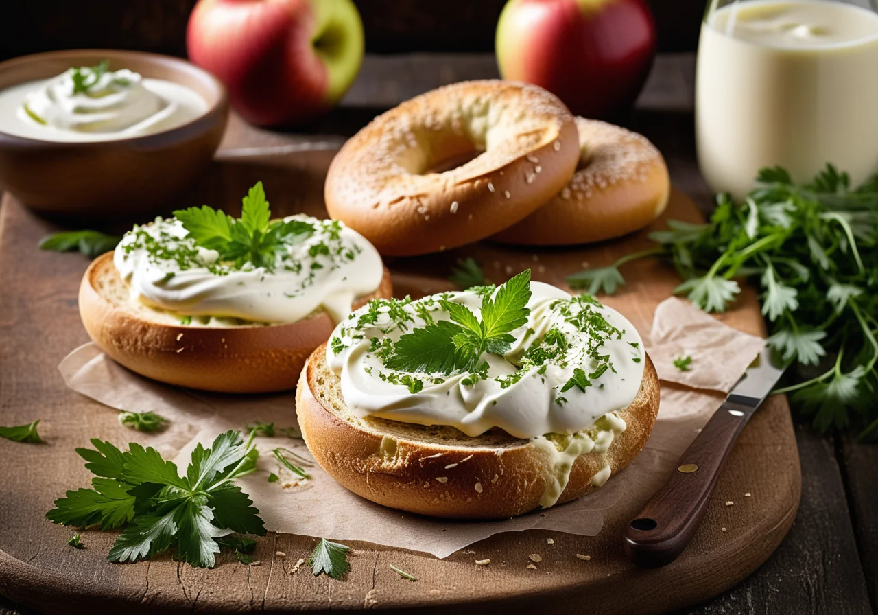 Sesame bagel with spring quark and apple