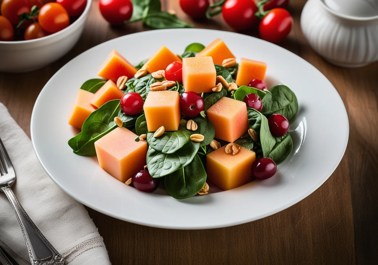 Melon Salad with Tomatoes, Spinach and Gorgonzola