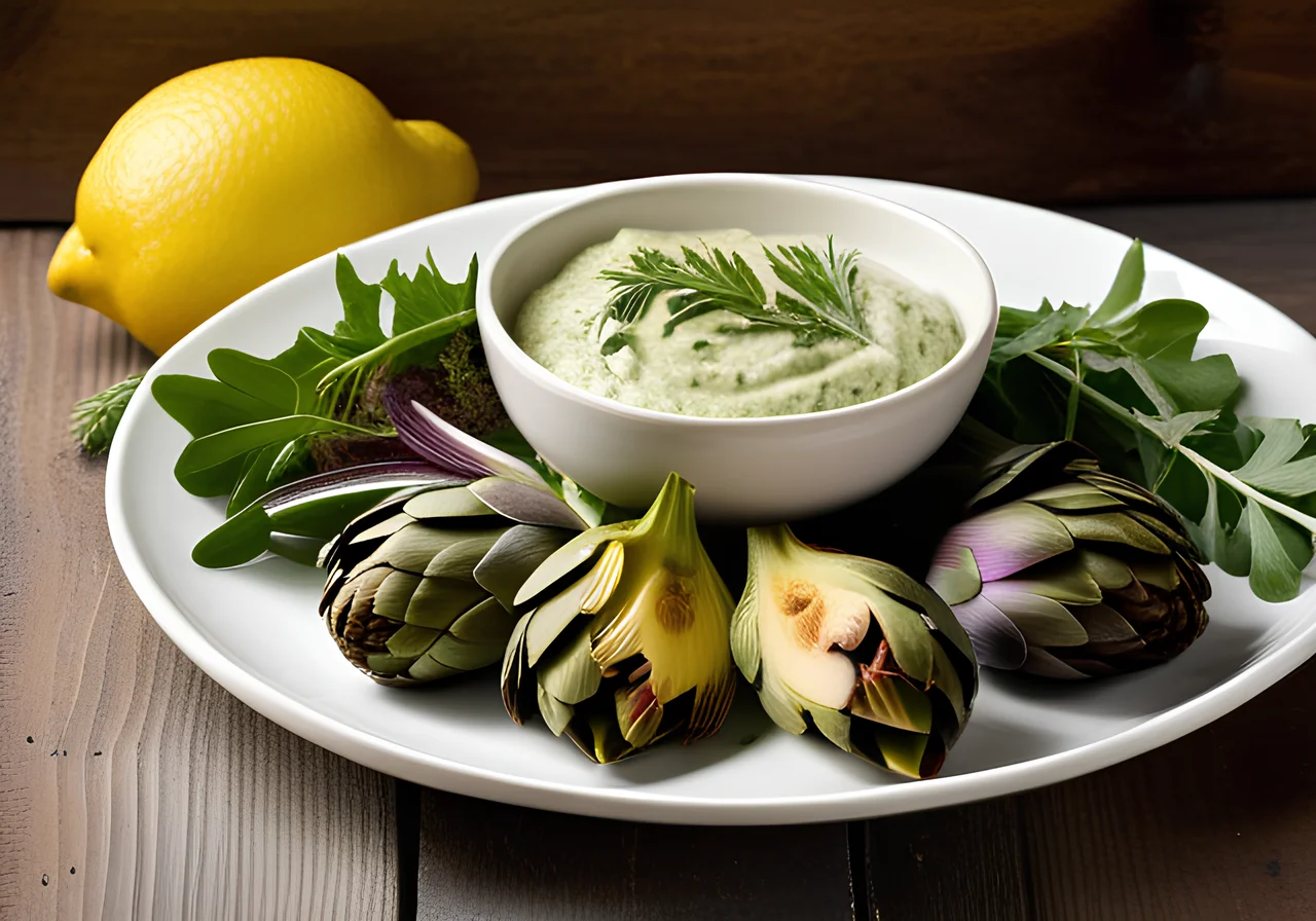 Artichokes with Arugula Dip and Fried Jerusalem Artichoke Strips