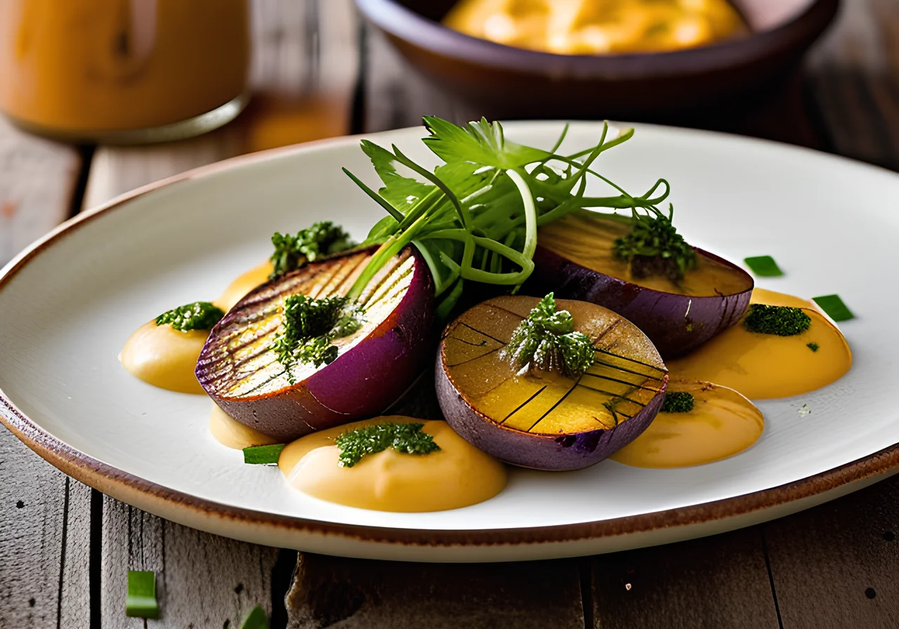 Purple Potatoes on Sheet with Cheese and Red Pesto