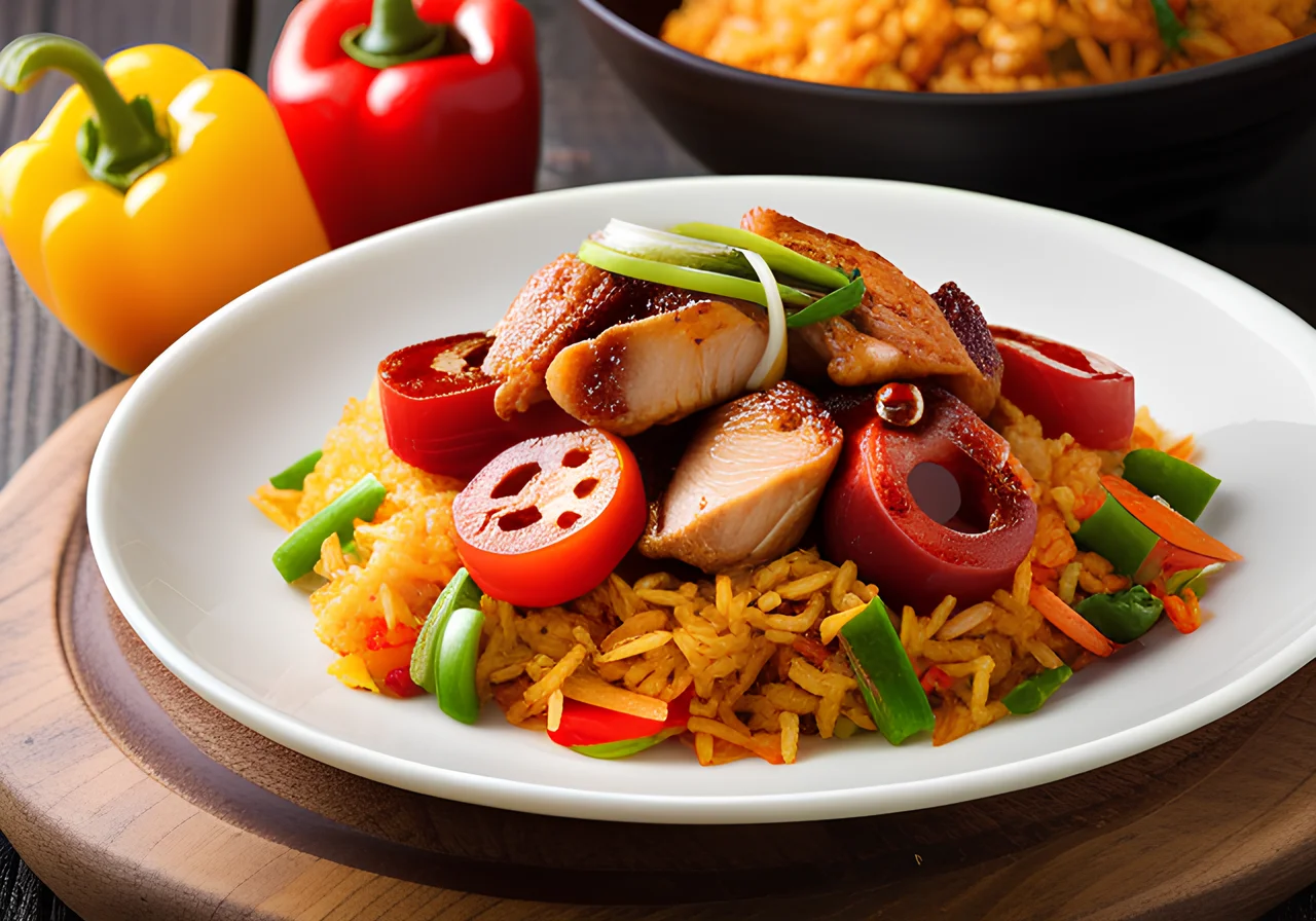 Quick Stir-Fry Rice with Bell Peppers, Chicken Strips and Spring Onions