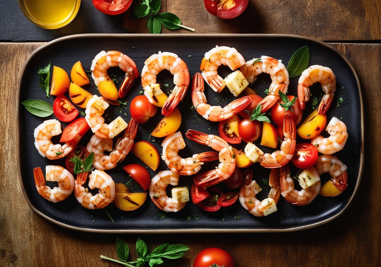 Shrimps-Spieß mit Tomaten-Pfirsichsalat