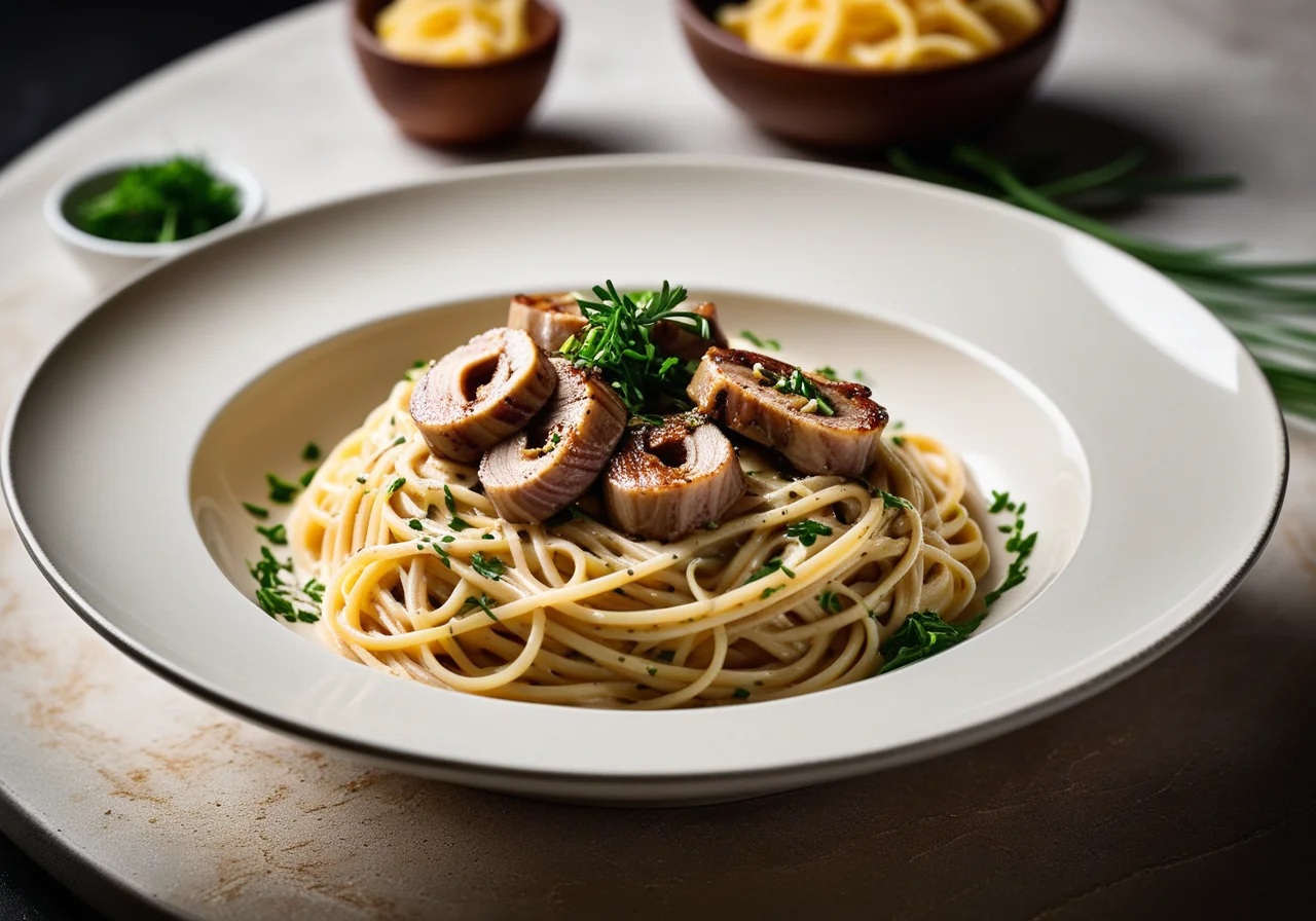 Pasta with Carbonara Sauce and Smoked Eel