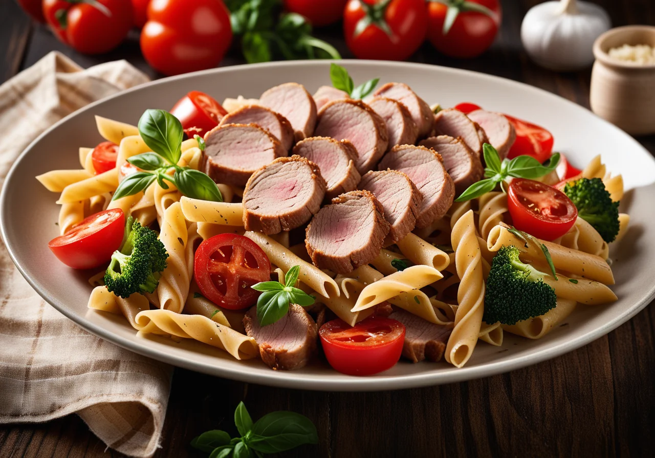 Pork Strips with Vegetables and Pasta