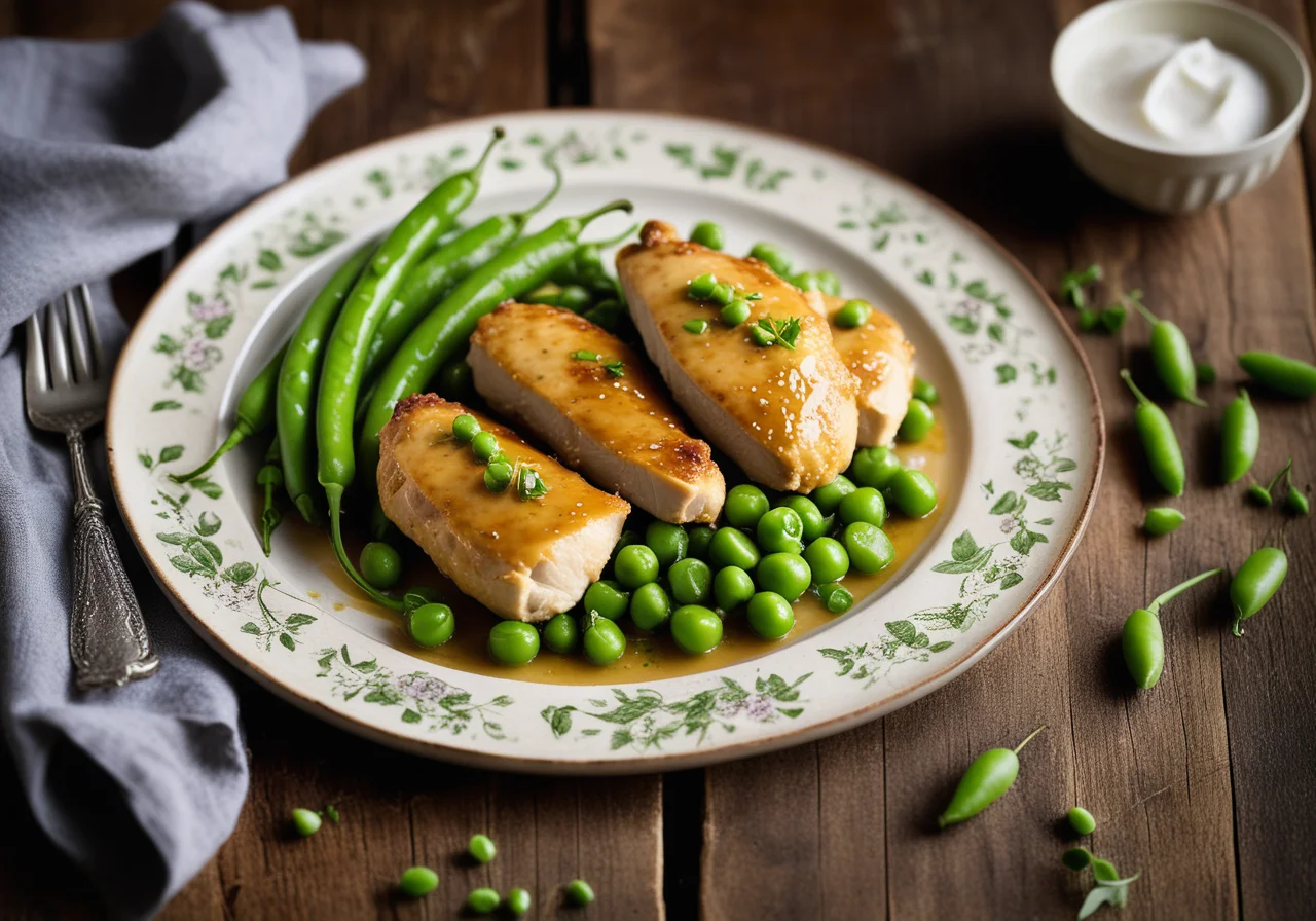 Steamed Chicken Fillets with Peas and Sweet Pea Blossoms