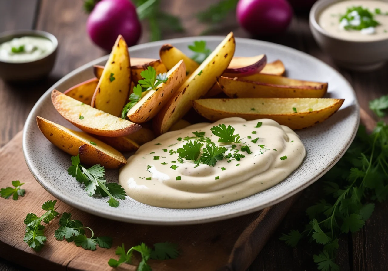 Country potatoes with radish chervil dip