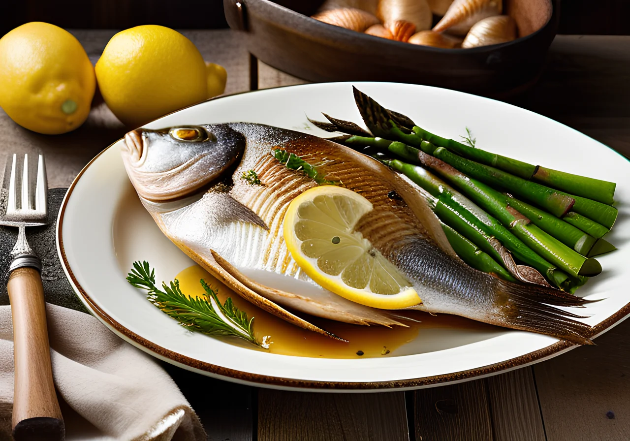 Baked Sea Bream with Shellfish and Asparagus