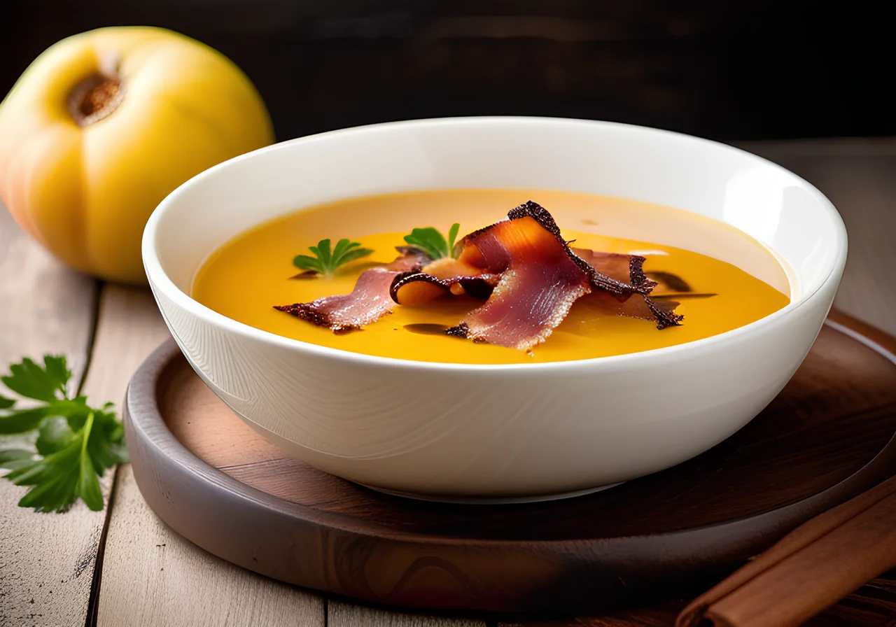Quince Cream Soup with Bacon and Balsamic