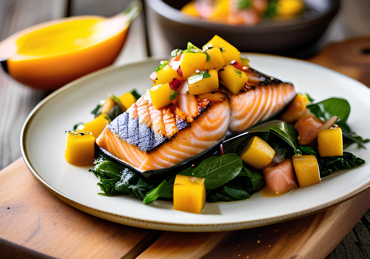 Grilled Salmon Fillets with Swiss Chard and Mango Salsa