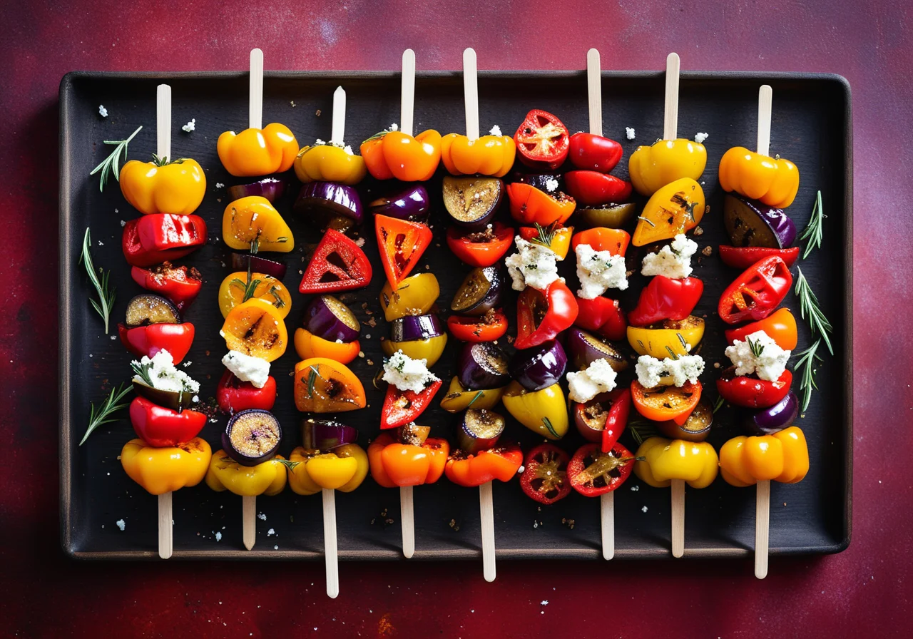 Paprika-Eggplant Skewers with Sheep Cheese on Rosemary