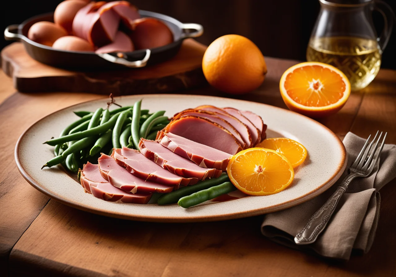 Ham with Potato Gratin and Green Bean Mix