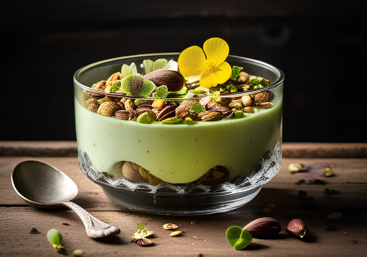 Pistachio Parfait with Edible Flowers
