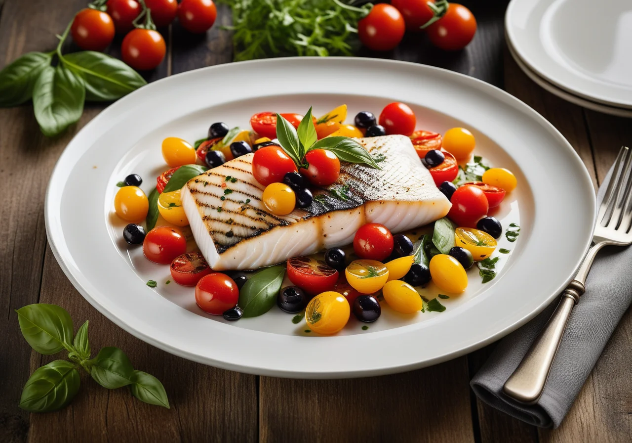 Halibut Fillet with Cherry Tomatoes and Olives