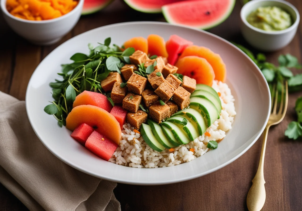 Kamalis Rice Bowl with Tempeh, Pea Puree and Watermelon