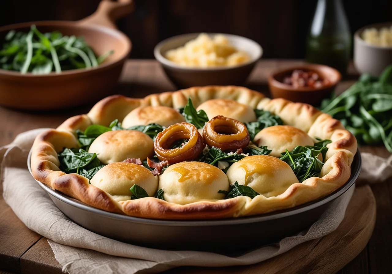 Maultaschen with Onions and Mixed Greens