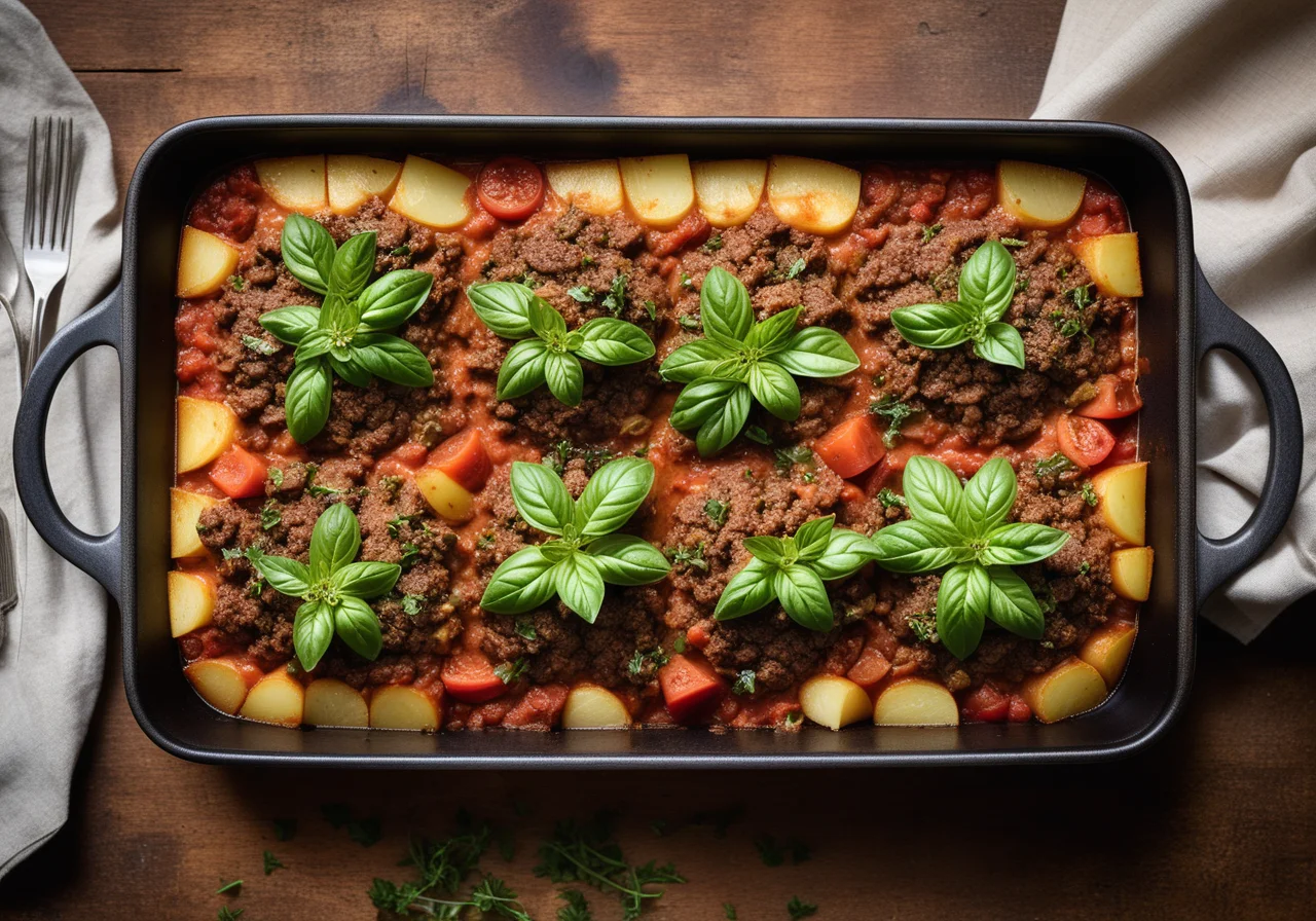 Potato and Ground Beef Casserole with Savoy Cabbage and Beef Goulash