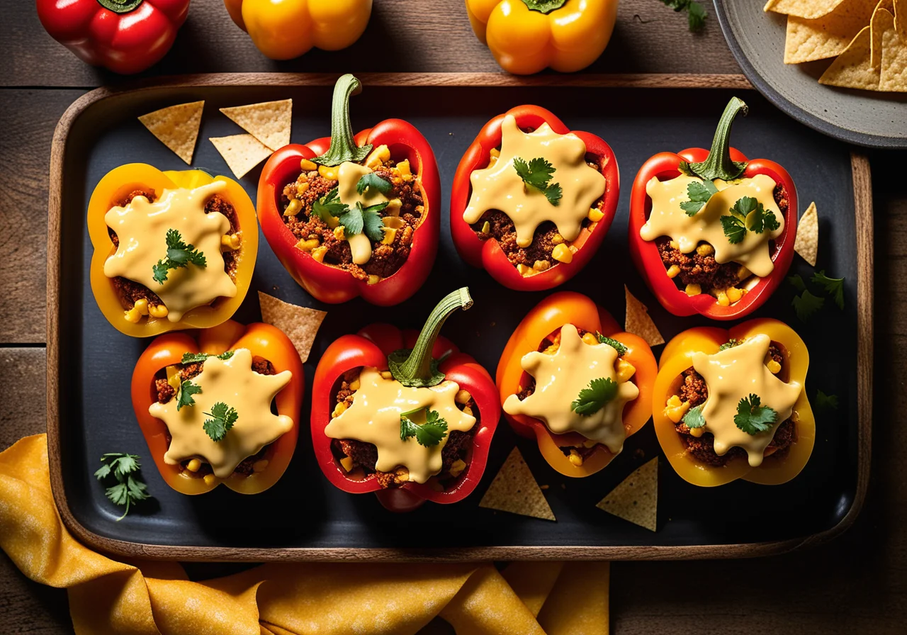 Bell Peppers Stuffed with Kidney Bean Filling and Corn Chips