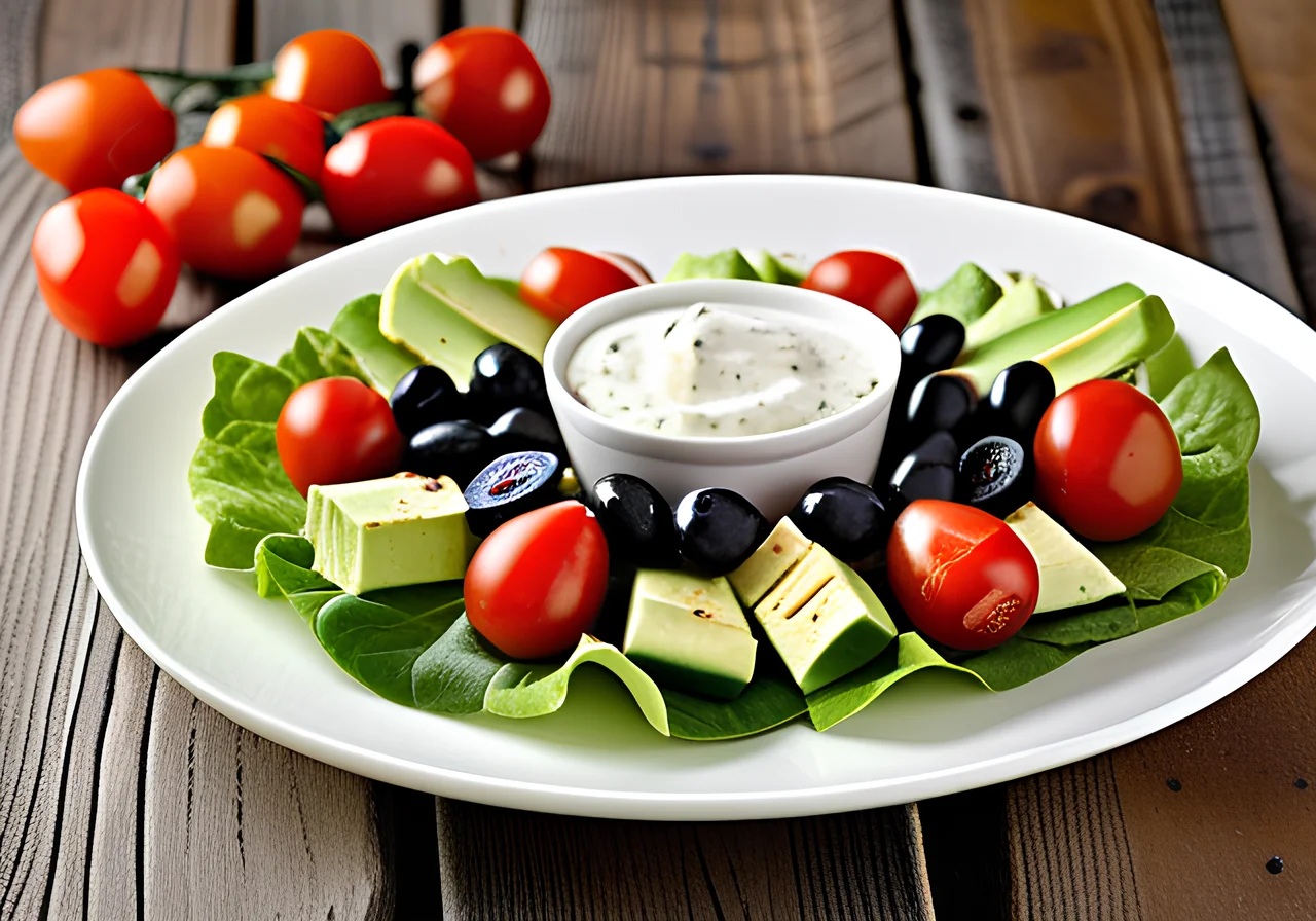 Romaine Salad with Sheep Cheese, Tomatoes and Avocado