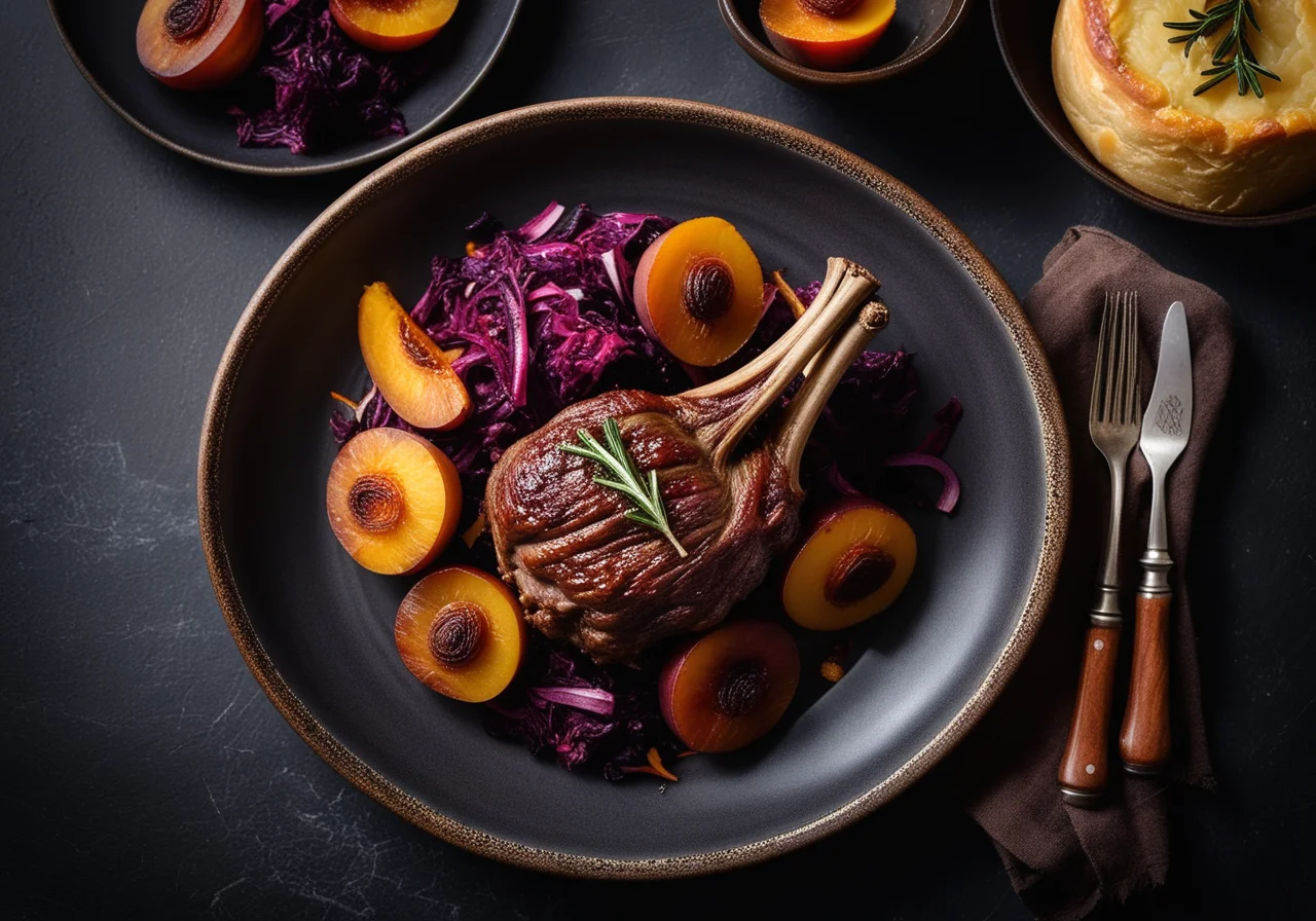 Lamb Shank with Fruity Red Cabbage and Potato Gratin
