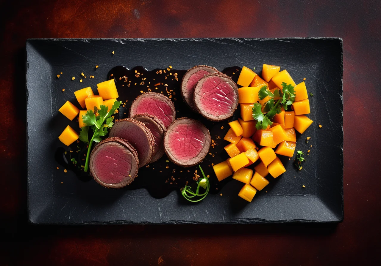 Ostrich steak with exotic mango sauce