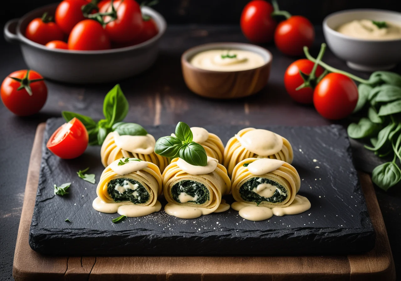 Spinach Pasta Rolls with Tomato and Béchamel Sauce