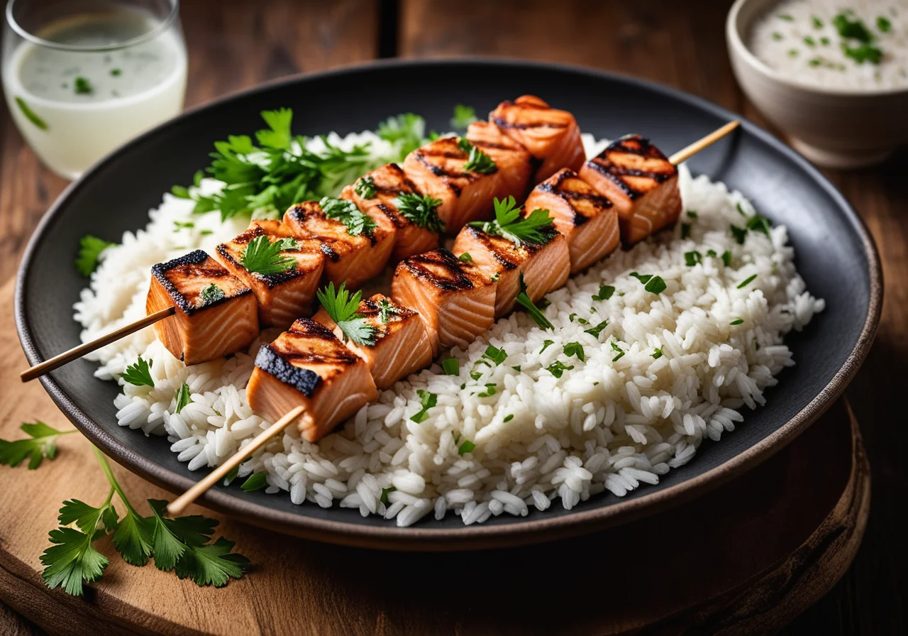 Grilled Salmon Skewers with Rice