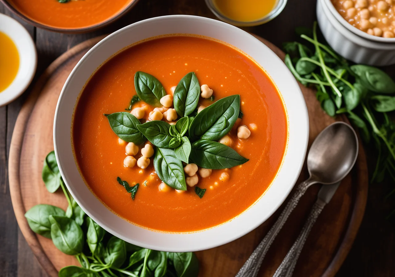 Tomato Soup with Sweet Potato, Spinach and Chickpeas