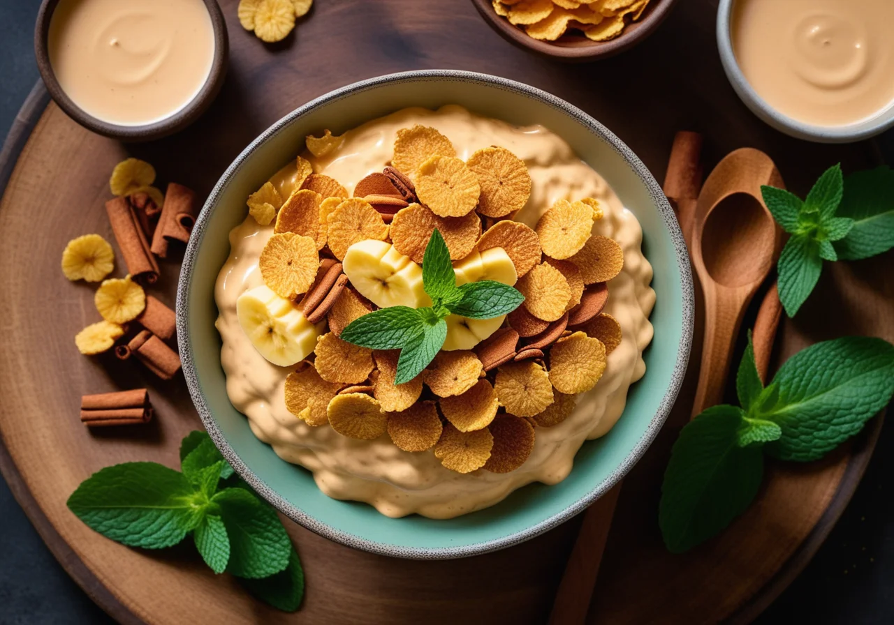 Cornflakes with Banana Cinnamon Milk and Pineapple