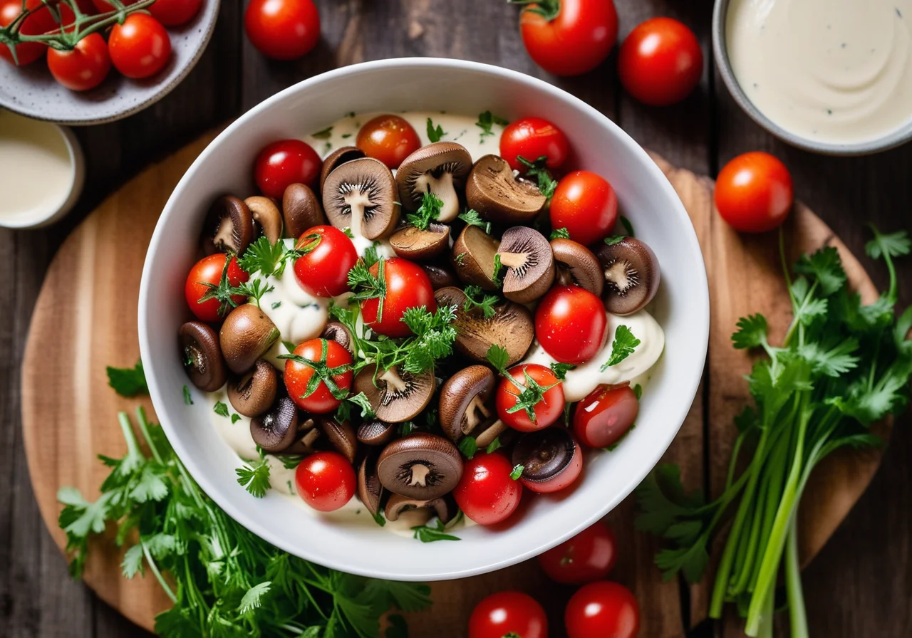 Champignon-Tomaten-Salat mit Porree mit Petersilie