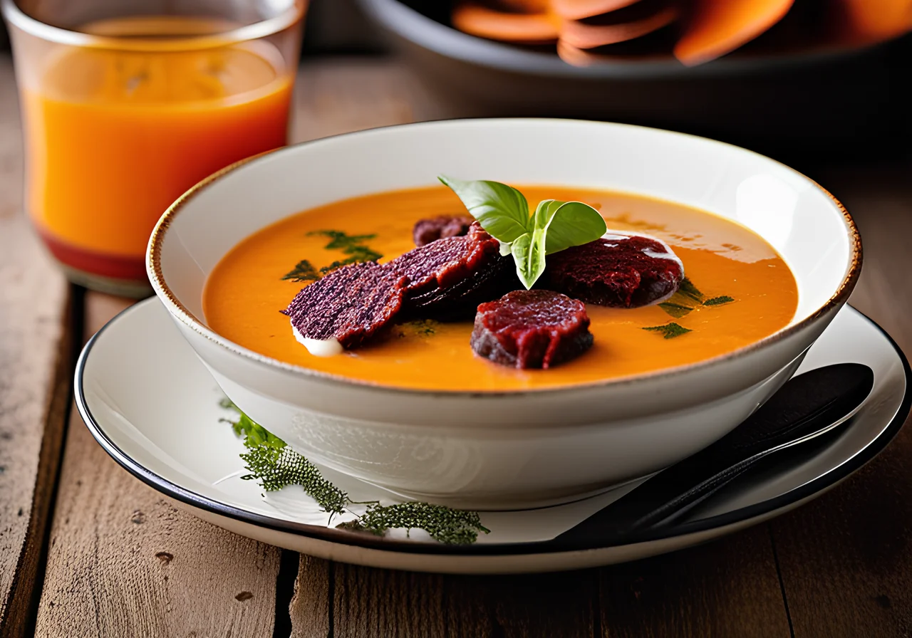 Sweet Potato Soup with Blood Sausage Chips