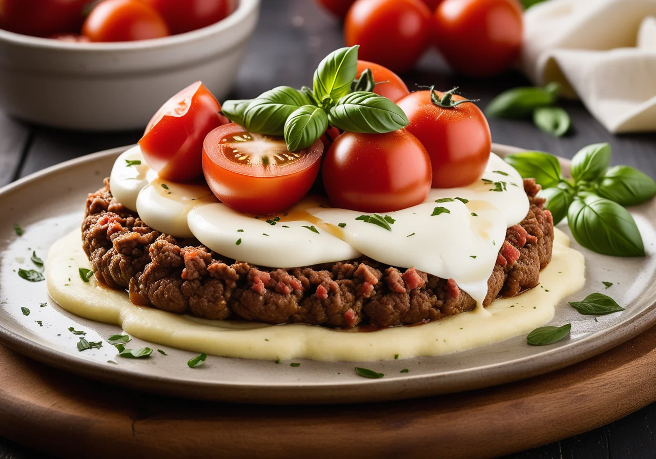 Ground Meat Towers with Tomato and Mozzarella on Mashed Potatoes