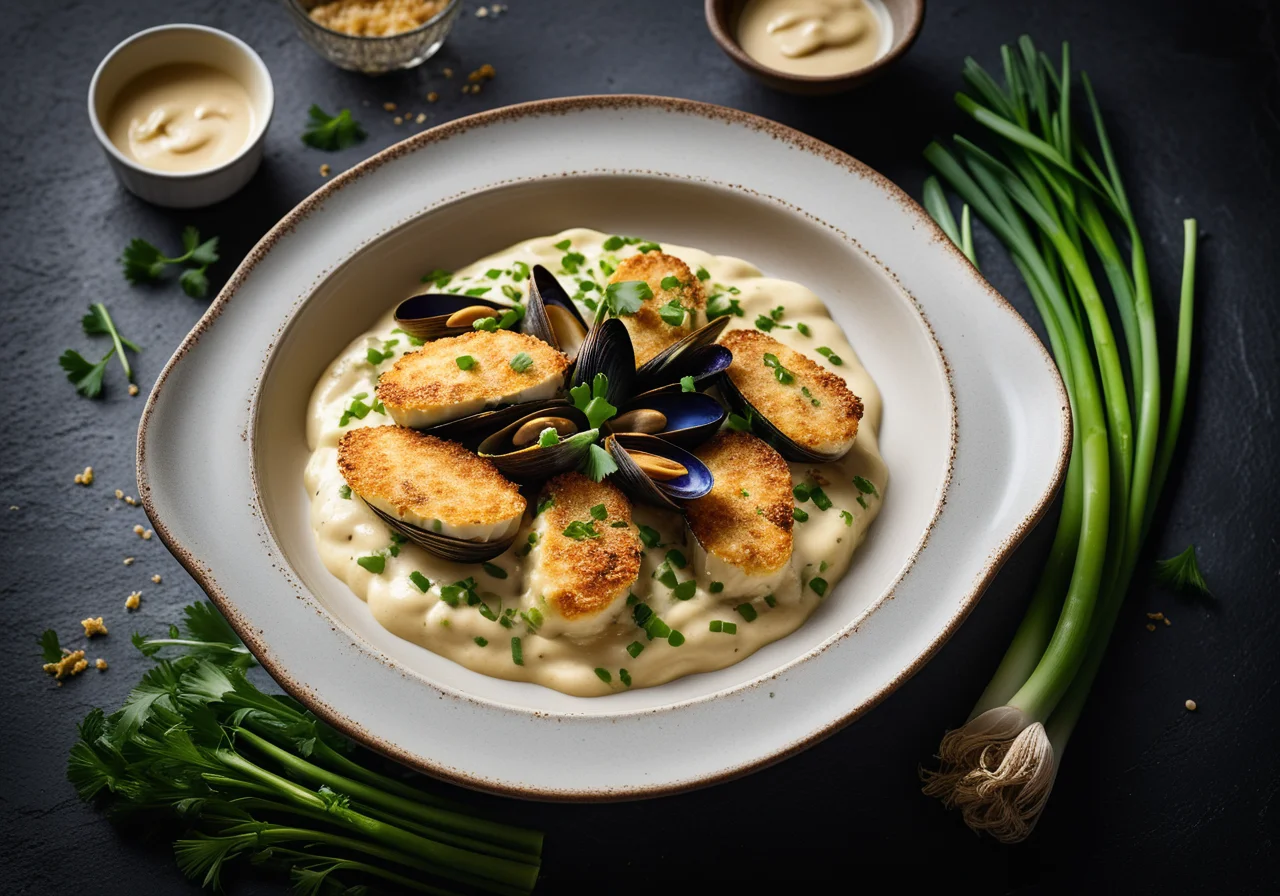Fish Gratin with Spring Onions and Mussels