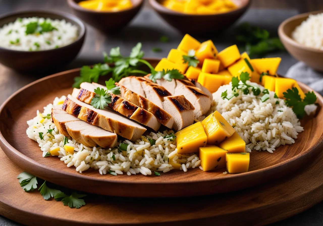 Chicken Fillet with Filling, Mango Sauce and Cilantro Rice