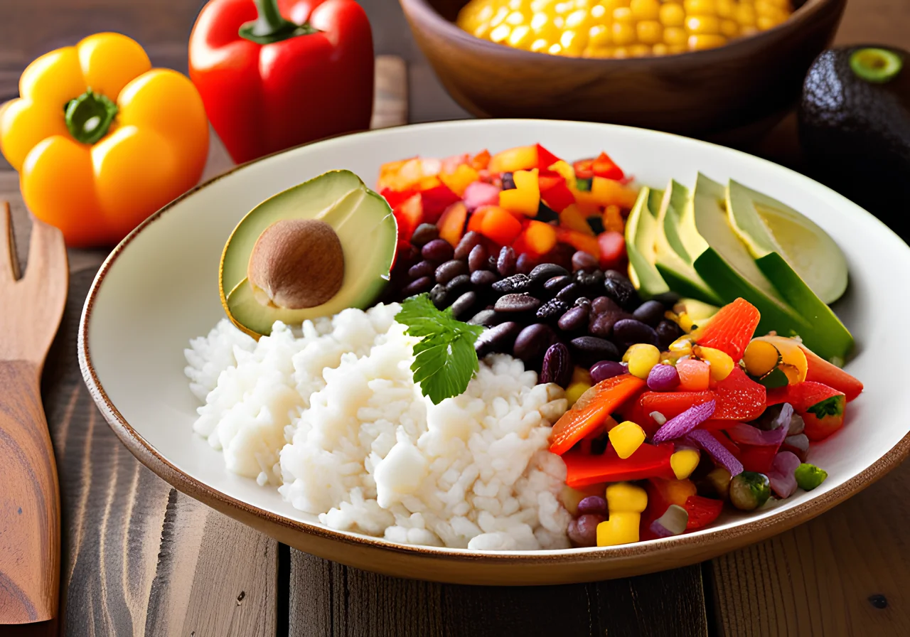 Mexico Rice Bowl with Bell Pepper Salsa and Yogurt Ratatouille Sauce with Curry