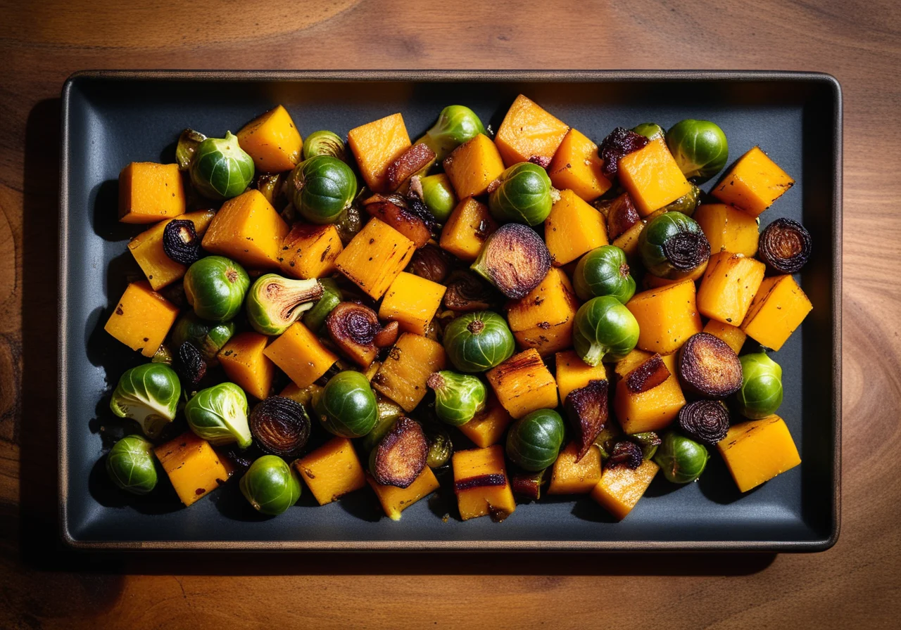 Vegetable pan with butternut squash, Brussels sprouts, bacon and sage