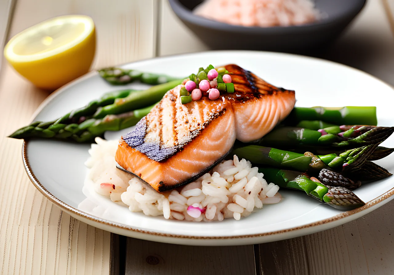 Grilled Salmon with Green Asparagus, Scallions and Rice