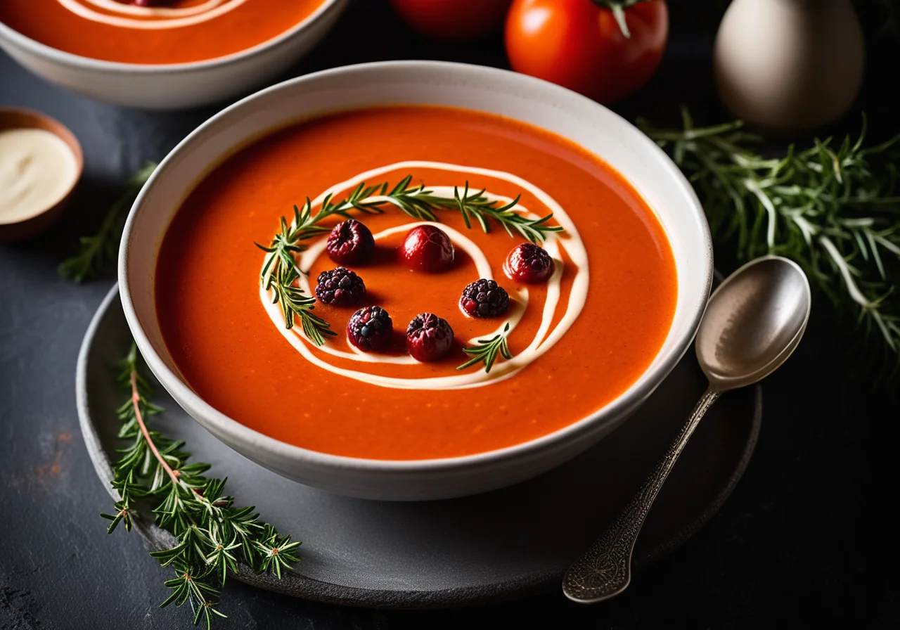 Paprika-Tomatensuppe mit Wacholderrahm