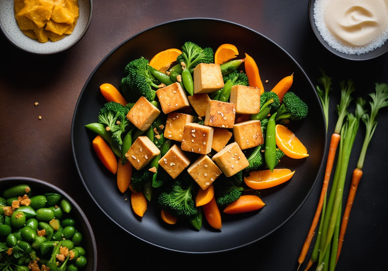 Fried Tofu with Carrots, Broccoli and Sugar Snap Peas
