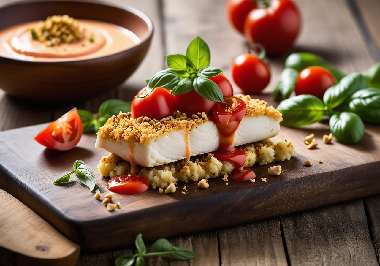 Cod Fillets with Nut Crust and Tomato Dip