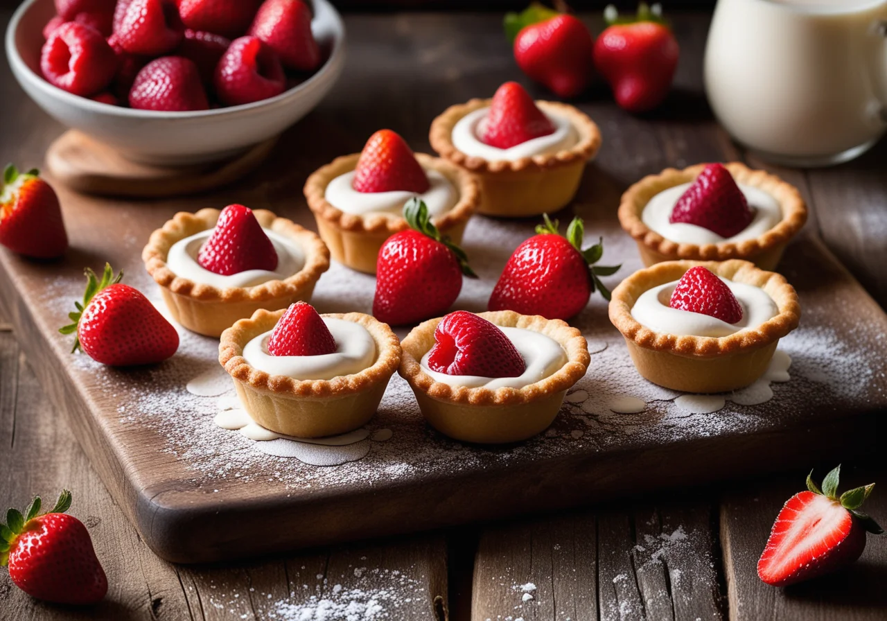 Flaky Dough Cups with Cream Filling and Fresh Strawberries