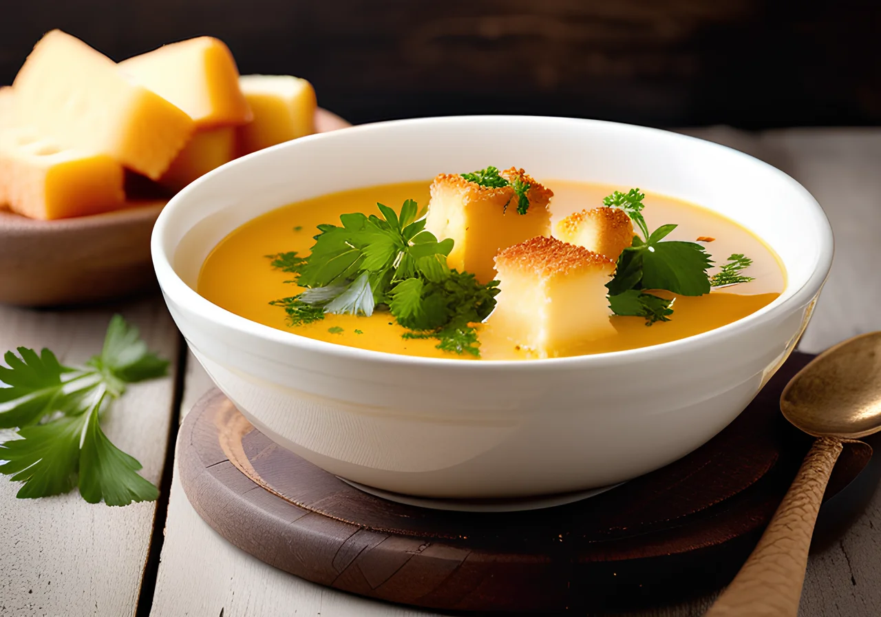 Topinambur Soup with Breaded Cheese Cubes