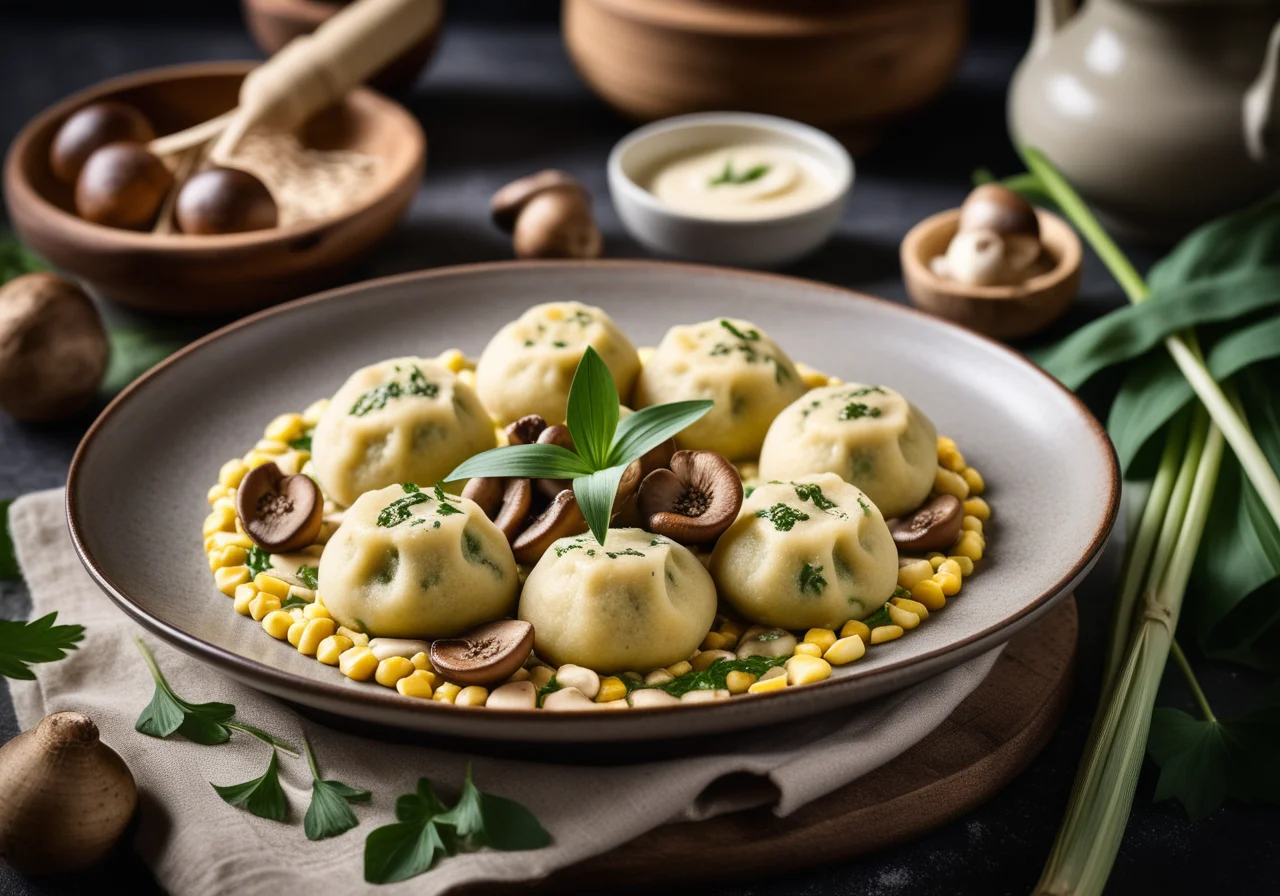 Wild Garlic Corn Dumplings with Creamy Mushrooms