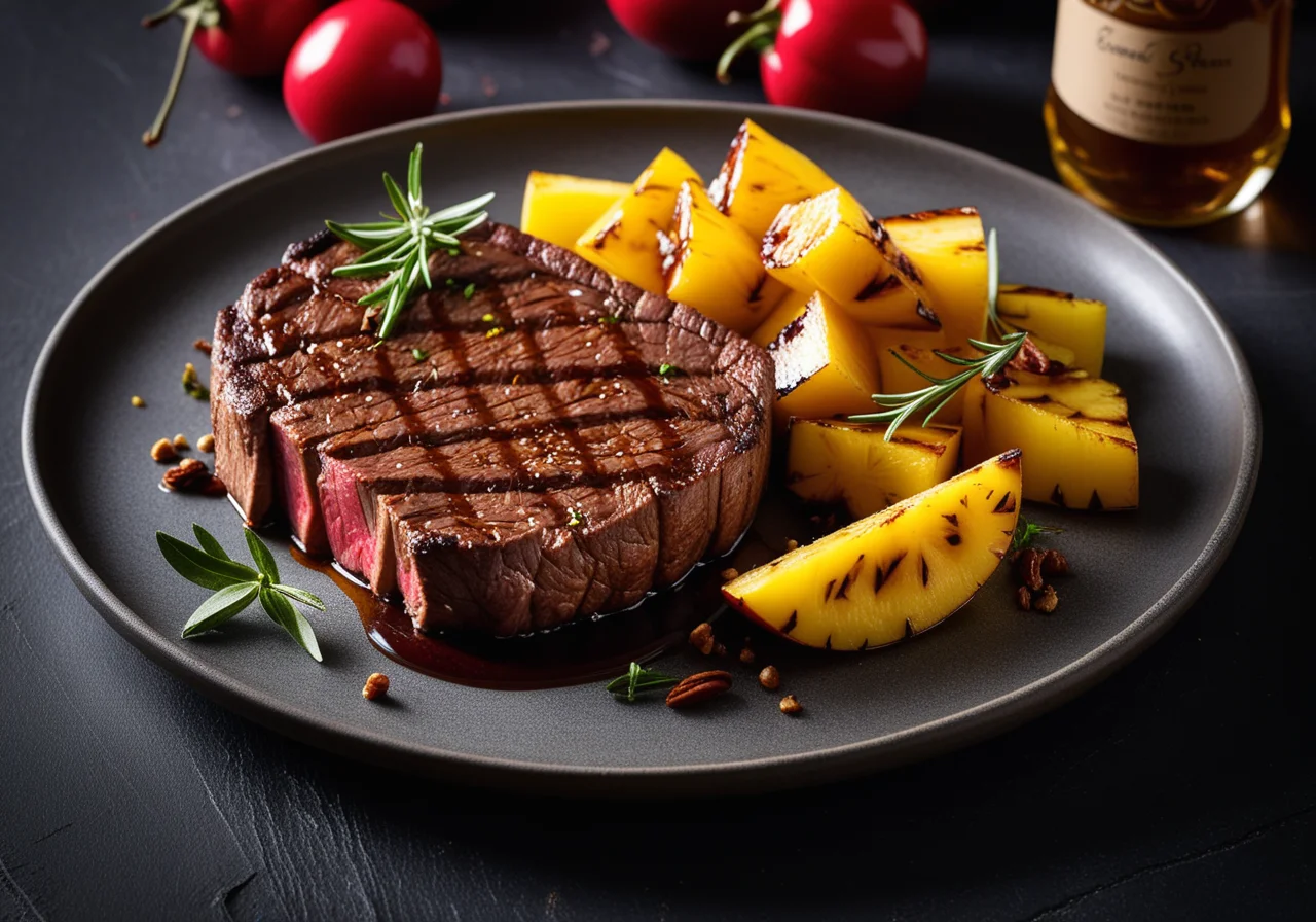 Sirloin steak marinated with mustard and honey served with grilled pineapple