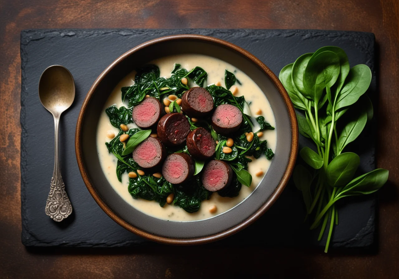 Blood Sausage on Lentil Vegetable with Spinach