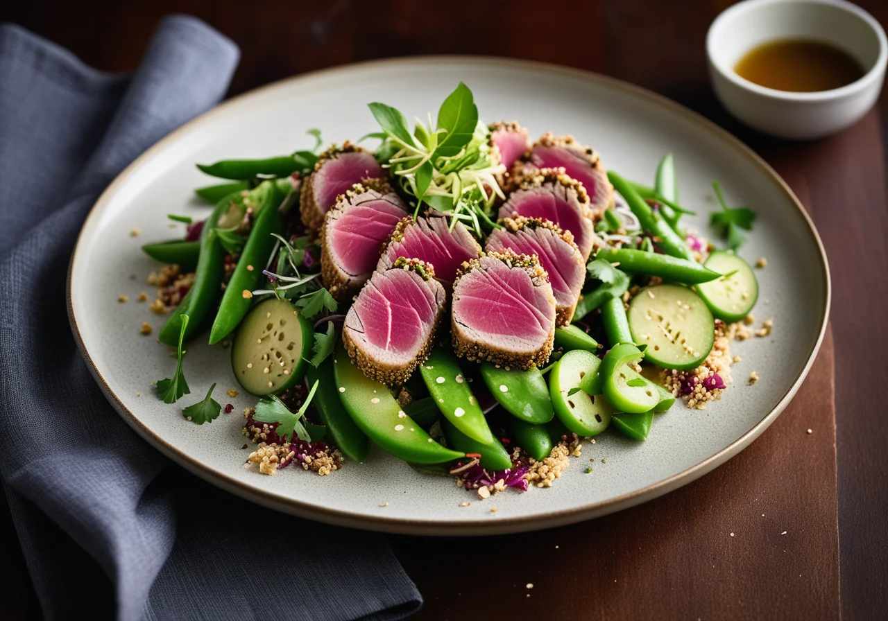 Thunfisch in Sesame Crust with Sugar Snap Pea Salad