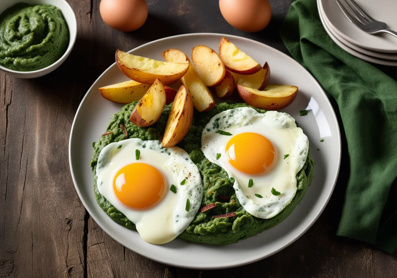 Spinach Puree with Fried Potatoes and Sunny Side Up Eggs