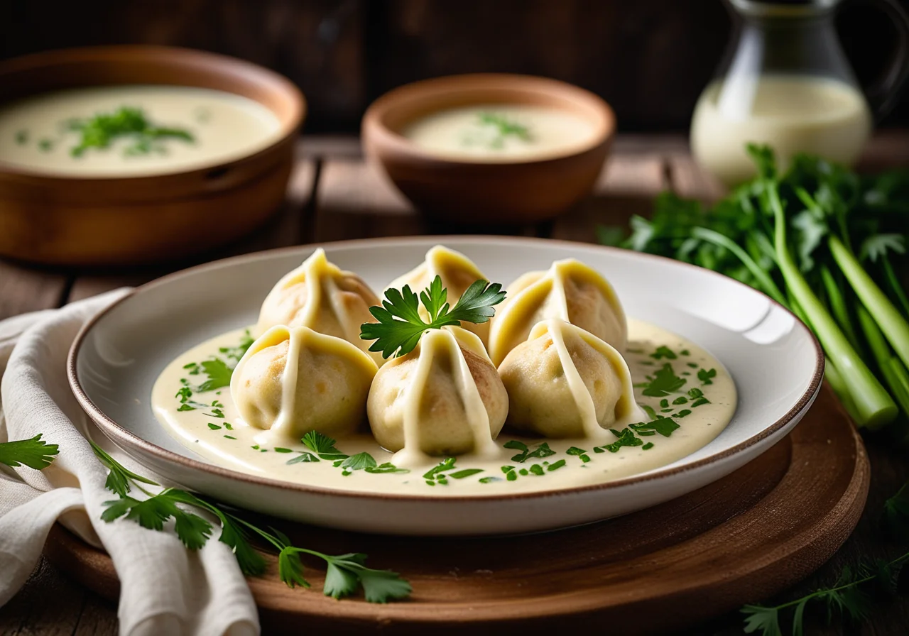 Savory Quark Dumplings with Leek Sauce