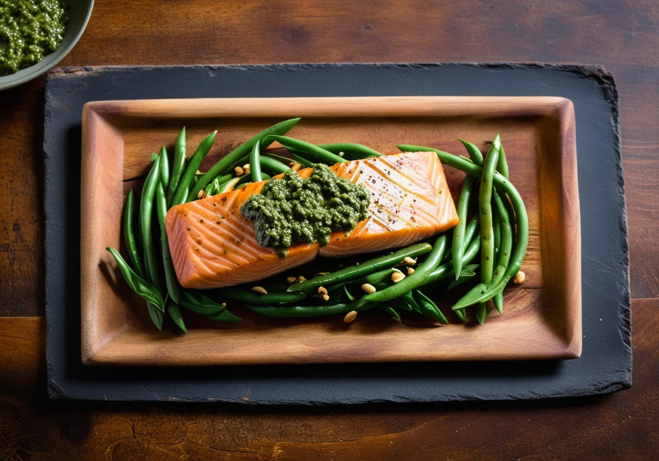 Salmon trout with beans and pesto