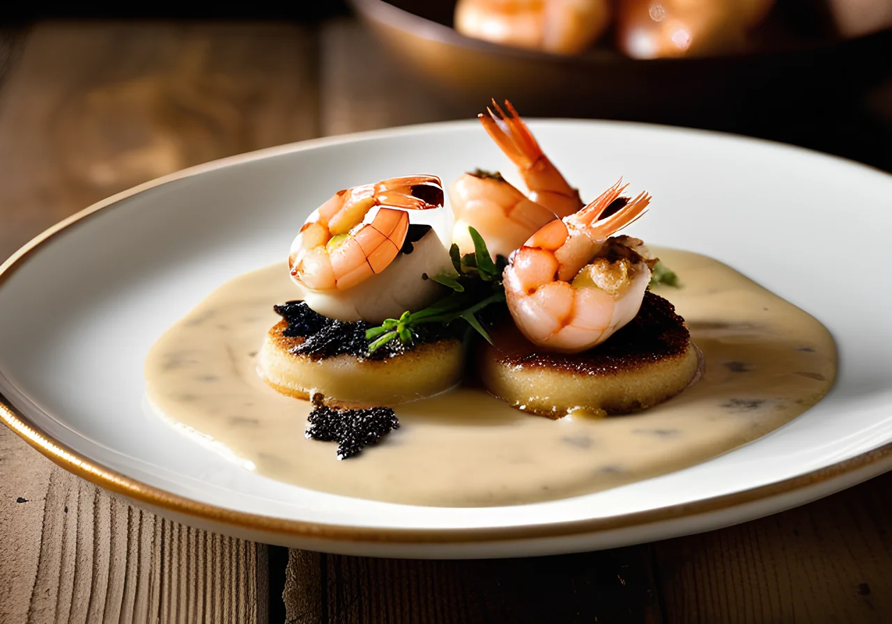 Blinis with Shrimp, Parmesan Sauce and Black Truffle