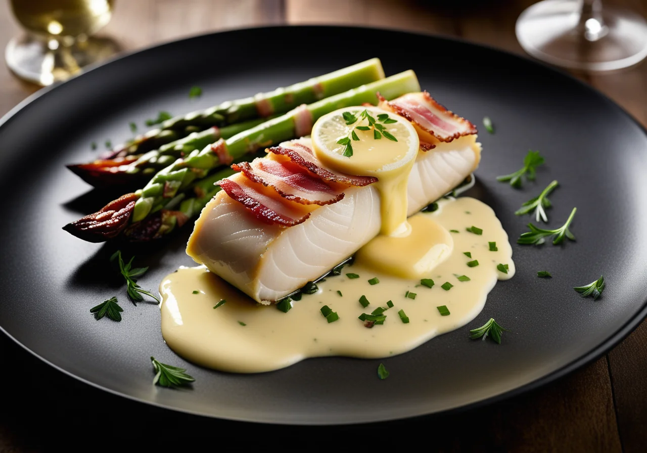 Haddock Fillet in Bacon Wrapper with Asparagus and Sauce